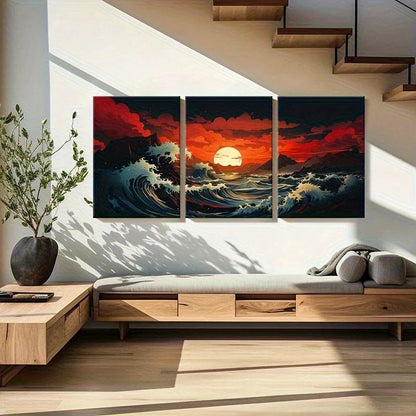 Modern living room with a large wall art piece depicting a sunset over waves.