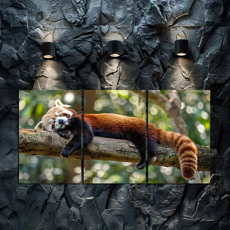 3pcs Red Panda Sleeping on The Branch of a Tree Metal Print Ready to Hang Art