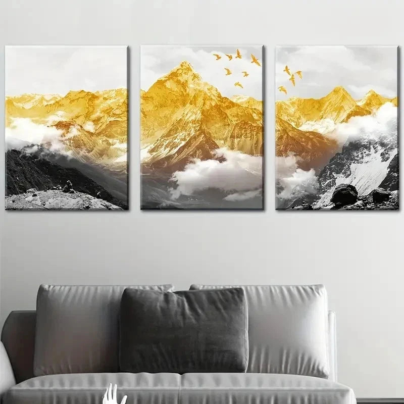 3pcs Sunlit Golden Mountains Majestic Perfect Wall Art Set Canvas Framed 40x60cm - High Quality Print 100% Australian Made Wall Canvas Ready to Hang