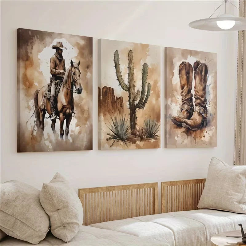 3pcs Vintage Cowboy Painting Wall Art Set Canvas Framed 40x60cm – High Quality Print, 100% Australian Made, Ready to Hang