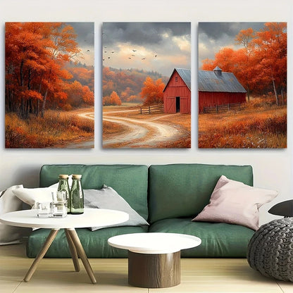 3pcs Autumn Barn Scene Rustic Countryside Metal Print Ready to Hang Art