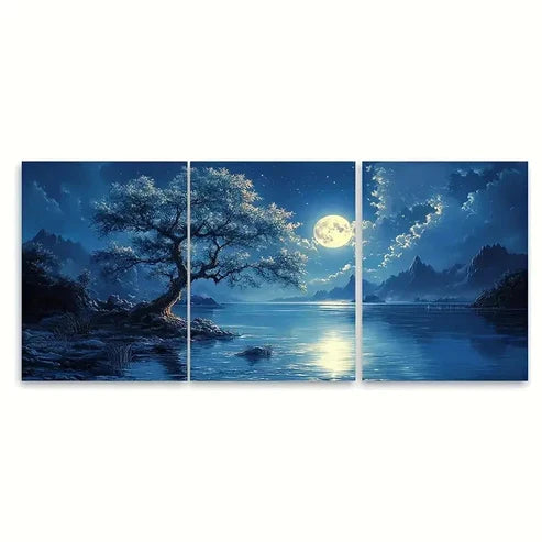 3pcs Blooming Tree & Moonlit Lake IU Wall Art Set Canvas Unframed – High Quality Print 100% Australian Made Wall Canvas