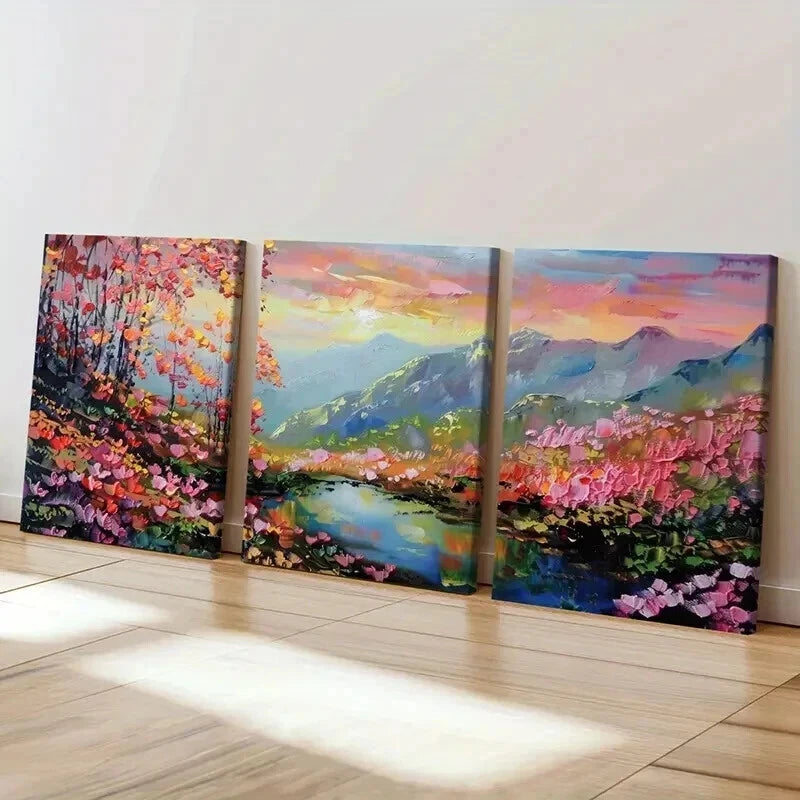 3pcs Mountain Landscape Colorful Trees Serene  Wall Art Set Canvas Framed 50x70cm - High Quality Print 100% Australian Made Wall Canvas Ready to Hang
