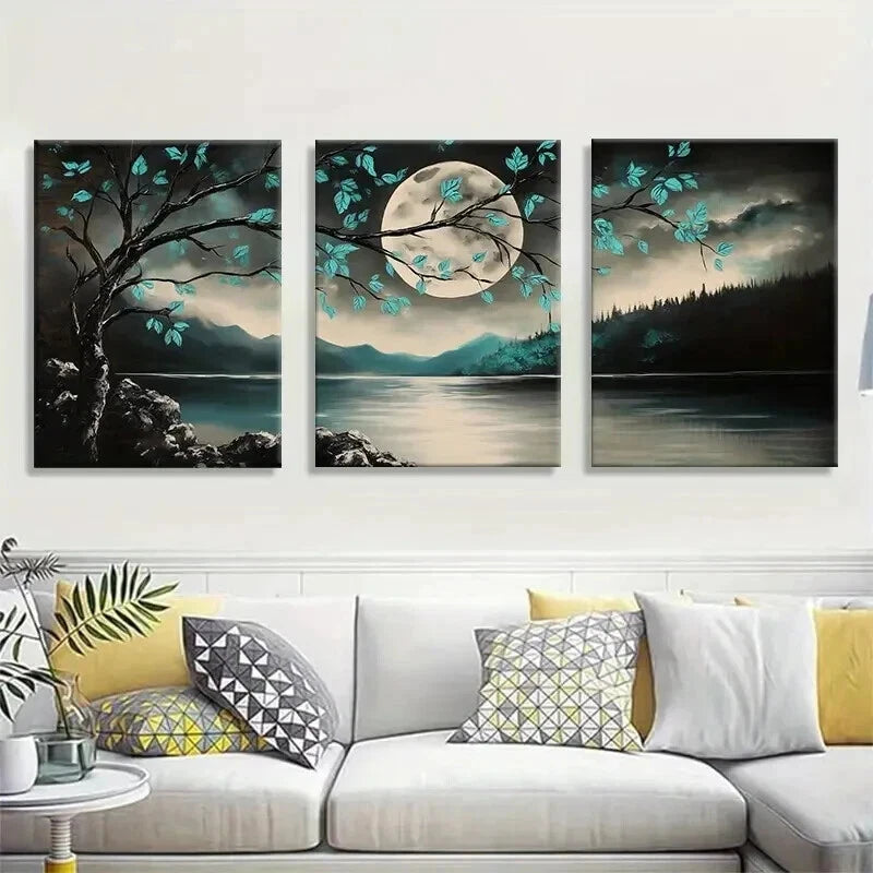 3pcs Tranquil Moonlit Forest Lake And Tree Wall Art Set Canvas Framed 40x60cm - High Quality Print 100% Australian Made Wall Canvas Ready to Hang