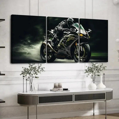 3pcs Dynamic Rider & Grceen Motorcycle Perfect Wall Art Set Canvas Framed 40x60cm - High Quality Print 100% Australian Made Wall Canvas Ready to Hang