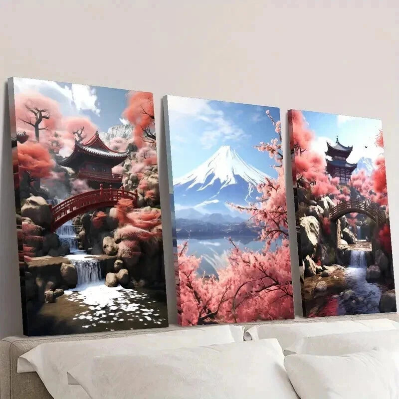 3pcs Japanese Red Cherry Blossom Trees Wall Art Set Canvas Framed 40x60cm - High Quality Print 100% Australian Made Wall Canvas Ready to Hang
