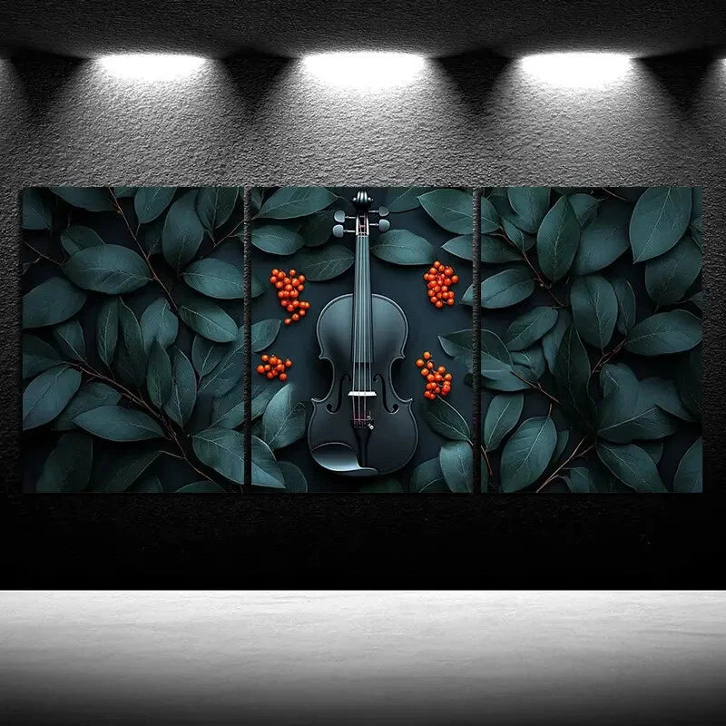 3pcs Chic Cello Trio Green Leaves Metal Print Ready to Hang Art