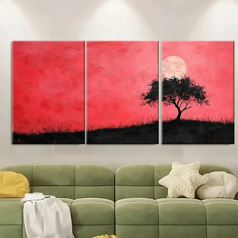 3pcs Pink Sky with Black Tree Silhouette RI Wall Art Set Canvas Framed 50x70cm - High Quality Print 100% Australian Made Wall Canvas Ready to Hang