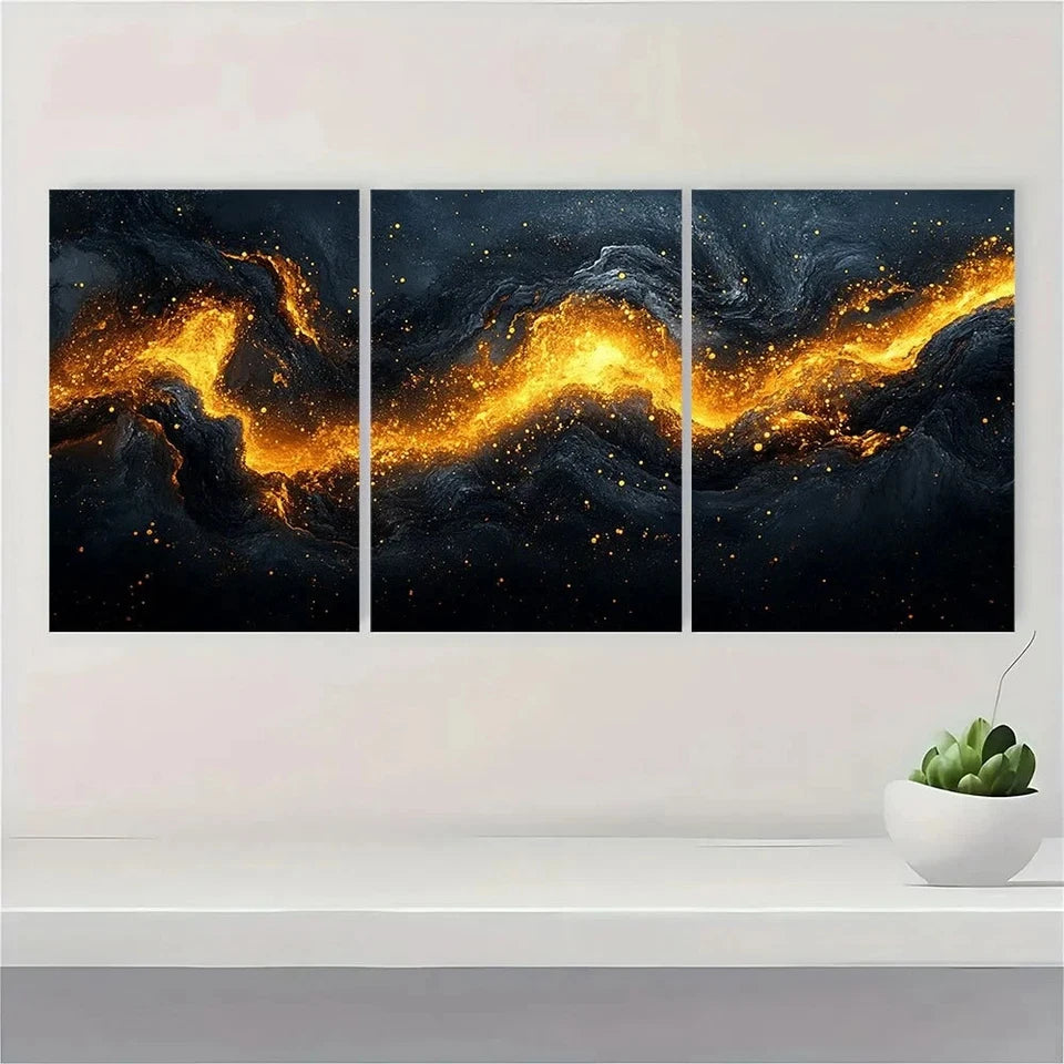 3pcs Black and Golden Abstract Metal Print Ready to Hang Art