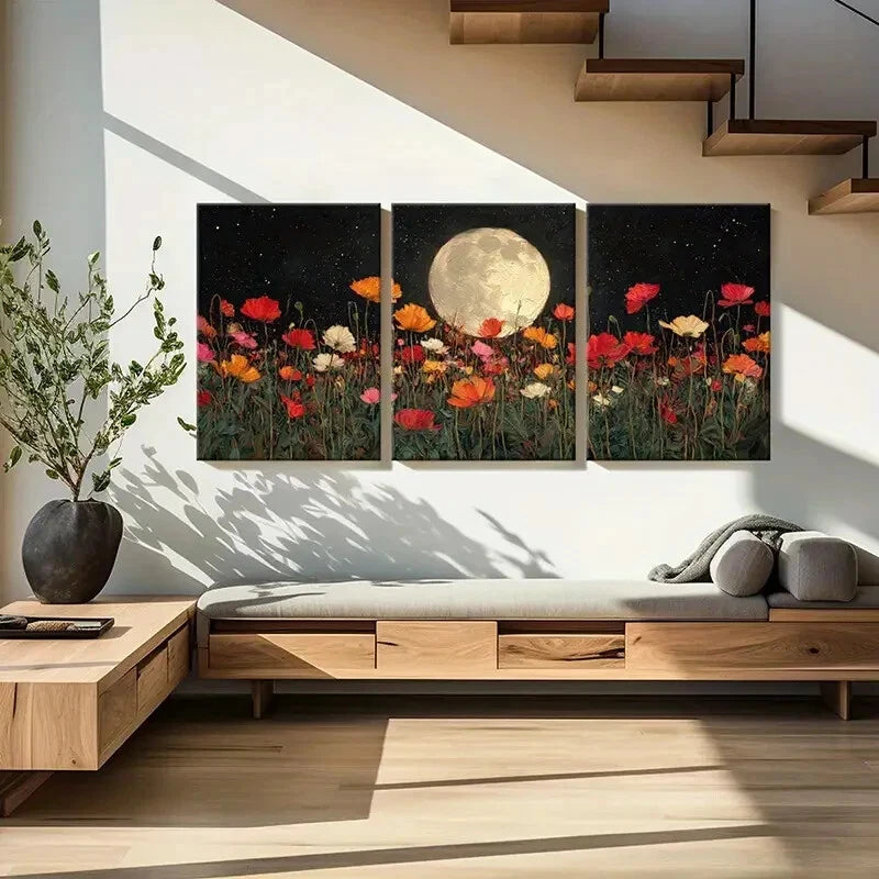 3pcs Moonlit Floral Garden Night Sky Full Moon Metal Print Ready to Hang Art