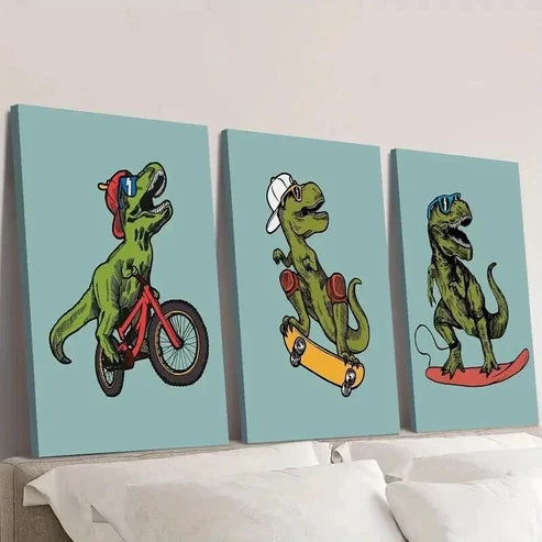 3pcs Tyrannosaurus Rex Skateboarding and Riding Wall Art Set Canvas Unframed - High Quality Print 100% Australian Made Wall Canvas