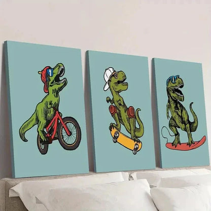 3pcs Tyrannosaurus Rex Skateboarding and Riding Wall Art Set Canvas Unframed - High Quality Print 100% Australian Made Wall Canvas