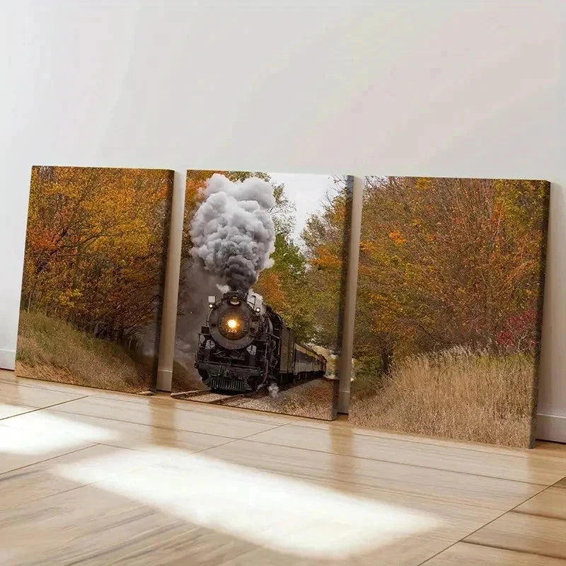 3pcs Vintage Steam Train  with Autumnal Trees  Wall Art Set Canvas Framed 40x60cm - High Quality Print 100% Australian Made Wall Canvas Ready to Hang
