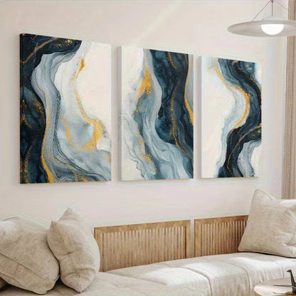 3pcs Golden and Blue Wavy Lines Wall Art Set Canvas Framed 50x70cm – High Quality Print, 100% Australian Made, Ready to Hang
