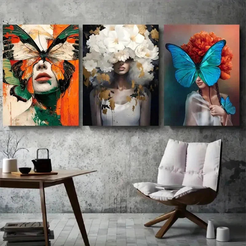 3pcs Abstract Vibrant Butterfly Lady Metal Print Ready to Hang Art