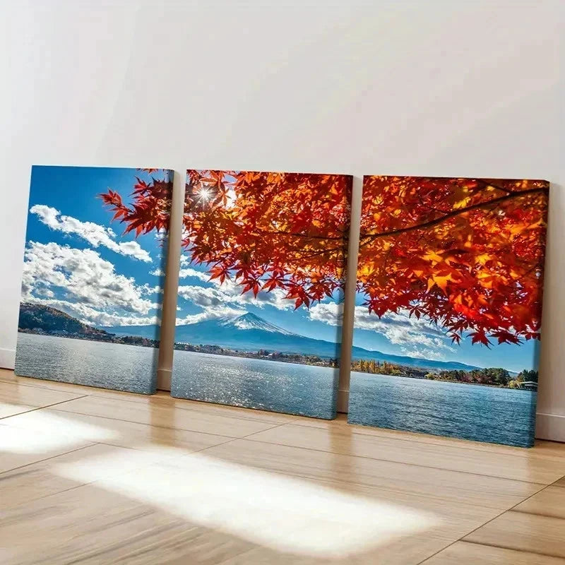 3pcs Nature Sea Mountains Maple Leaves Wall Art Set Canvas Framed 40x60cm - High Quality Print 100% Australian Made Wall Canvas Ready to Hang