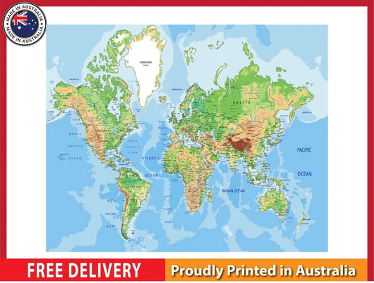 Highly Detailed Physical World Map with details 91x61cm poster AU