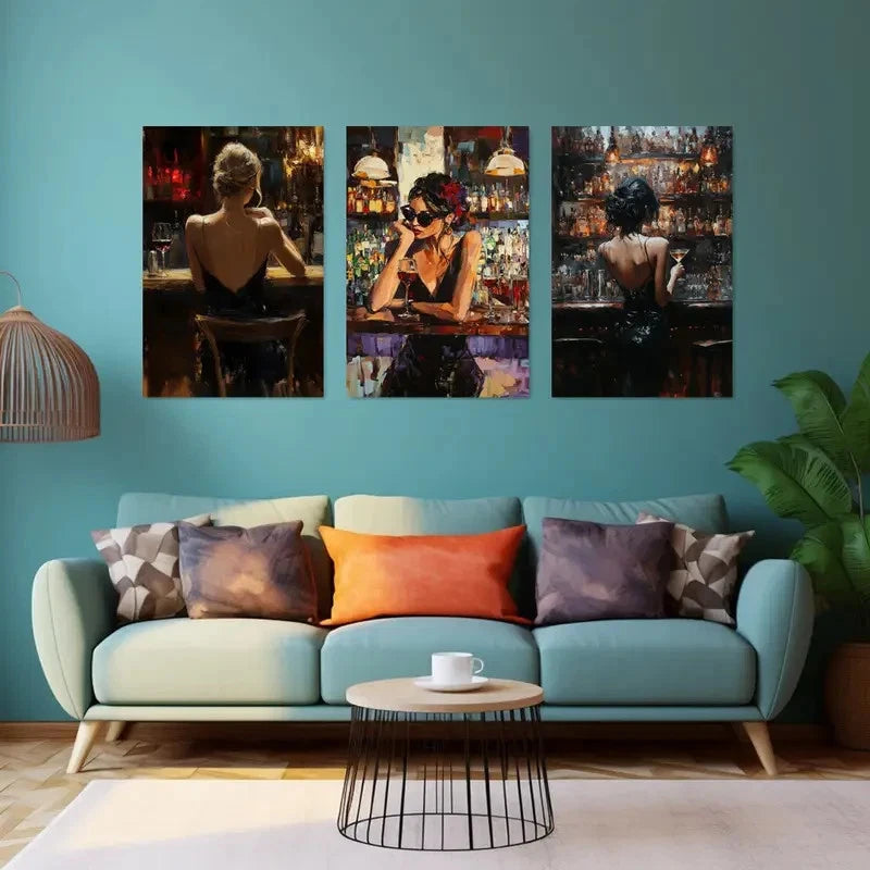 3pcs Stylish Wine Time Women at Bar  Metal Print Ready to Hang Art