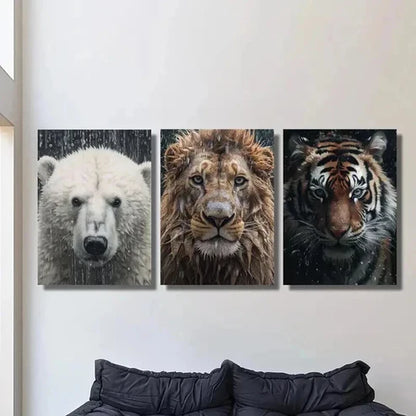 3pcs Polar Bear Lion & Tiger in Rainy Weather Wall Art Set Canvas Unframed - High Quality Print 100% Australian Made Wall Canvas