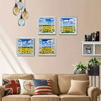 4pcs False Window Sunflower Picture Wall Art Canvas Framed