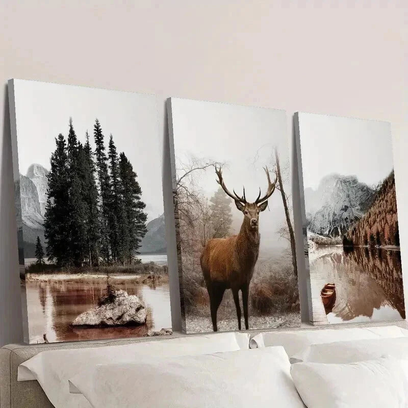 3pcs Mountain Calm Lake Boat And a Stag Wall Art Set Canvas Framed 40x60cm - High Quality Print 100% Australian Made Wall Canvas Ready to Hang