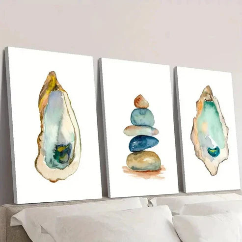 3pcs Balancing Zen Stones Ocean Oyster Wall Art Set Canvas Unframed - High Quality Print 100% Australian Made Wall Canvas