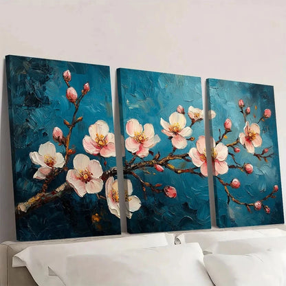 3pcs Gogh Almond Blossom Dark Blue White Flowers Wall Art Set Canvas Framed 60x90cm - High Quality Print 100% Australian Made Wall Canvas Ready to Hang