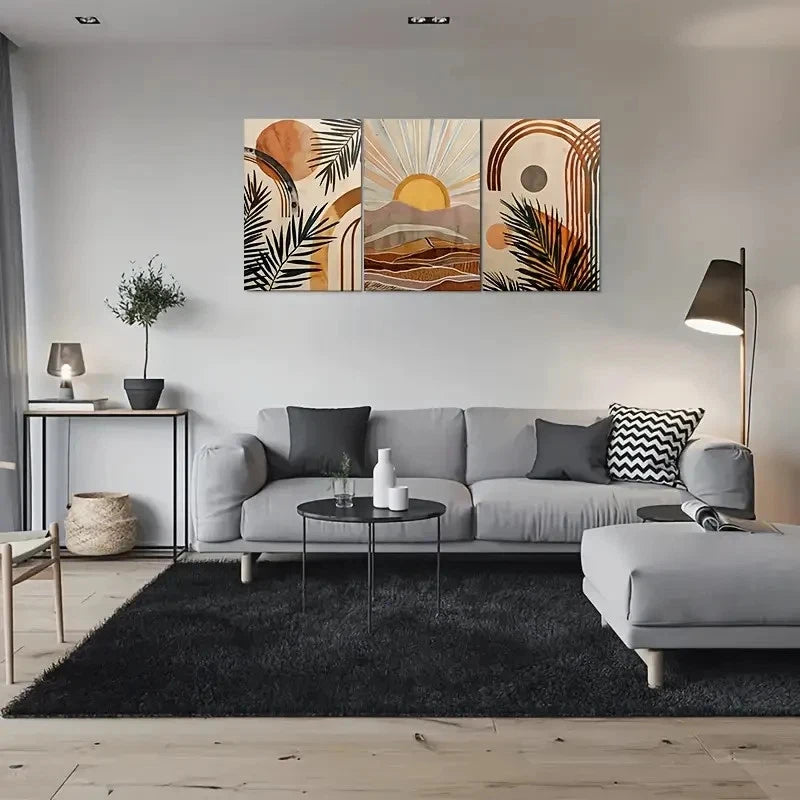 3pcs Abstract Sunset Palm Leaf & Geometric Design Metal Print Ready to Hang Art