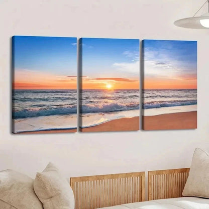 3pcs Beach Sunset Sunrise And Wave Wall Art Set Canvas Framed 60x90cm - High Quality Print 100% Australian Made Wall Canvas Ready to Hang