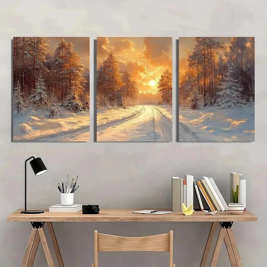 3pcs Snowy Forest with Golden Sunlight Wall Art Set Canvas Framed 40x60cm - High Quality Print 100% Australian Made Wall Canvas Ready to Hang