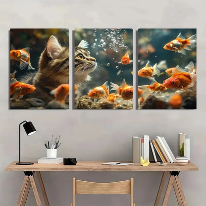 3pcs Curious Cat & Colorful Goldfish Aquarium Metal Print Ready to Hang Art