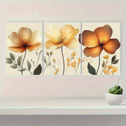 3pcs Elegant Golden Floral Green Leaves Metal Print Ready to Hang Art