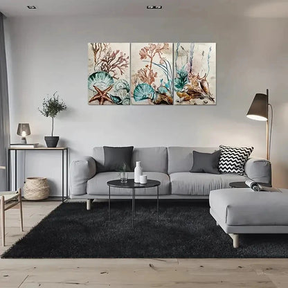 3pcs Oceanic Elegance Coastal Seashell & Coral Metal Print Ready to Hang Art