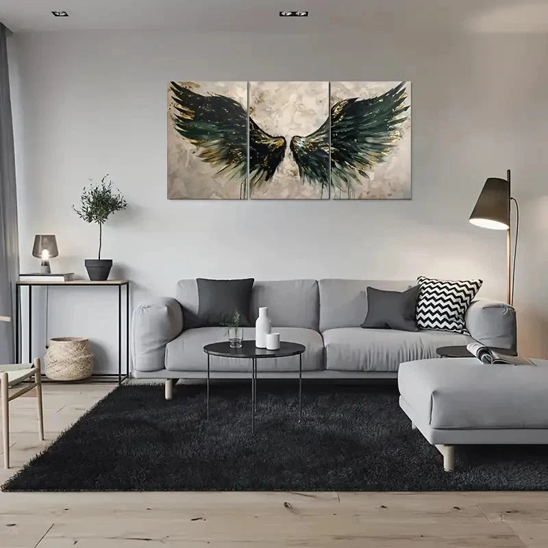 3pcs Modern Abstract Angel Wings Green Metal Print Ready to Hang Art