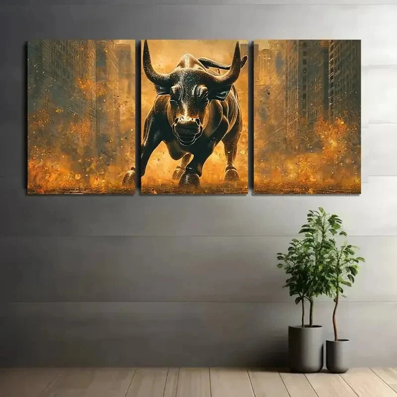 3pcs Majestic Bull Charging Golden Glowing Metal Print Ready to Hang Art