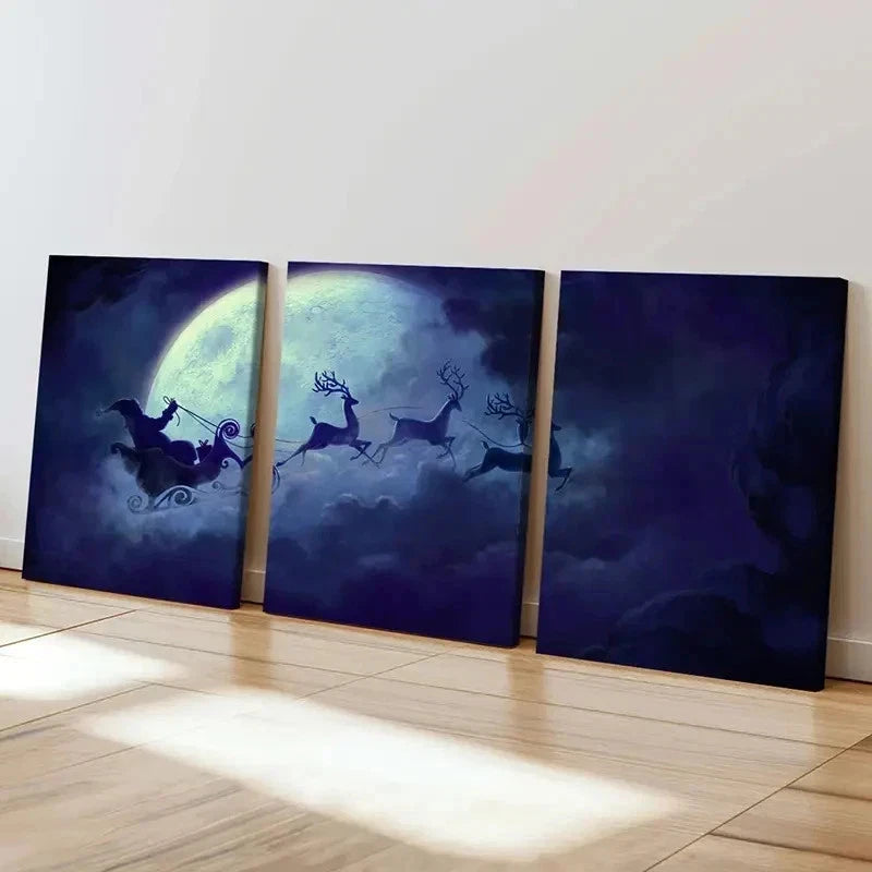 3pcs Santa Claus And Reindeer Under The Moon Wall Art Set Canvas Framed 40x60cm - High Quality Print 100% Australian Made Wall Canvas Ready to Hang