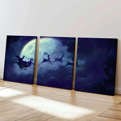 3pcs Santa Claus And Reindeer Under The Moon Wall Art Set Canvas Framed 40x60cm - High Quality Print 100% Australian Made Wall Canvas Ready to Hang