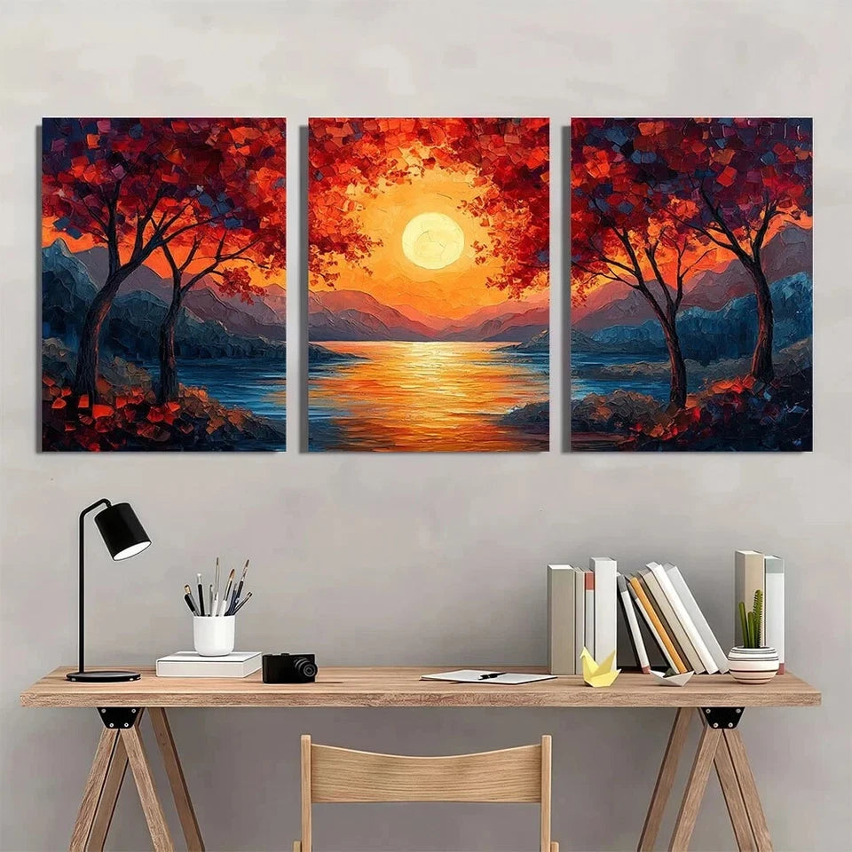 3pcs Fashion Painting Sunset Modern Trees Scenery Metal Print Ready to Hang Art