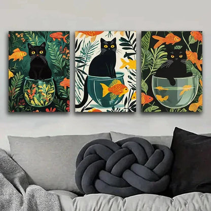 3pcs Black Cats Colorful Orange Fish Perfect Wall Art Set Canvas Unframed - High Quality Print 100% Australian Made Wall Canvas