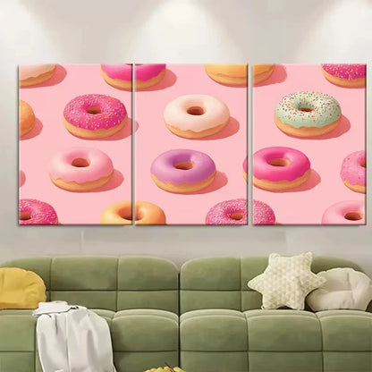 3pcs Pink Donut Kitchen Retro Breakfast Wall Art Set Canvas Framed 50x70cm - High Quality Print 100% Australian Made Wall Canvas Ready to Hang