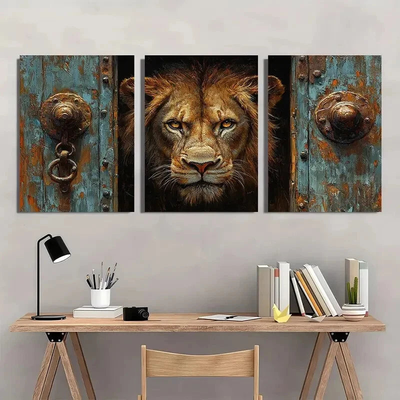 3pcs Lion Door Animal Themed Golden Eyes Metal Print Ready to Hang Art