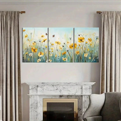 3pcs Meadow with Yellow Daisies & Butterflies Wall Art Set Canvas Framed 40x60cm - High Quality Print 100% Australian Made Wall Canvas Ready to Hang