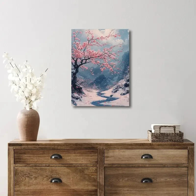 Beautiful Pink Sakuras Japanese Painting 40x60cm Metal Print Ready to Hang