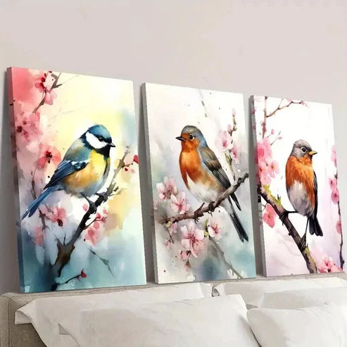 3pcs Titmouse on a Flowering Branch Wall Art Set Canvas Unframed - High Quality Print 100% Australian Made Wall Canvas