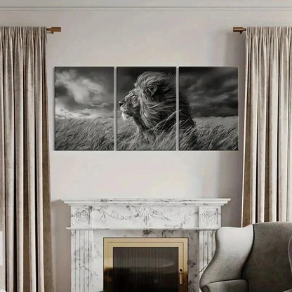 3pcs Lion in Grassland Stormy Sky Modern Metal Print Ready to Hang Art