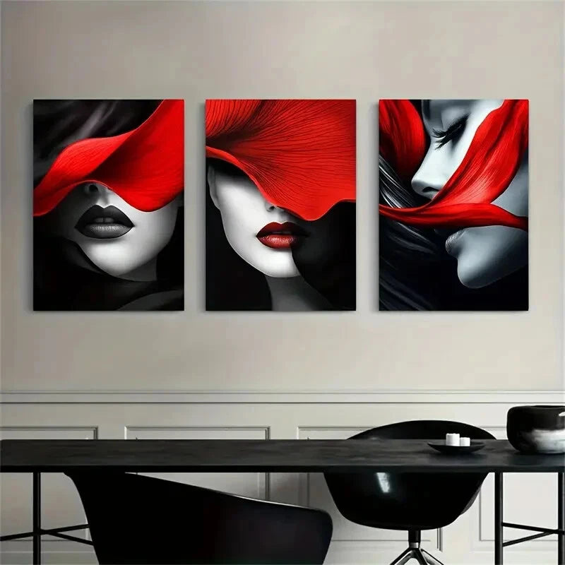 3pcs Bold Red And Black Lip Gloss Metal Print Ready to Hang Art