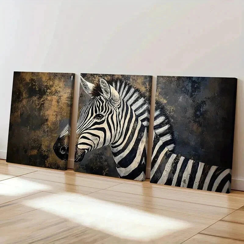 3pcs Abstract Animal Art Zebra Vintage Wall Art Set Canvas Framed 50x70cm - High Quality Print 100% Australian Made Wall Canvas Ready to Hang