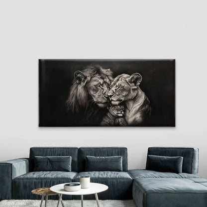 Black & White Lion Family Wall Art Canvas Office Home Room Framed 120x60cm