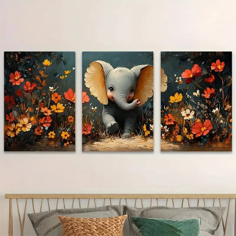 3pcs Playful Elephants Wildflower Perfect Wall Art Set Canvas Framed 40x60cm - High Quality Print 100% Australian Made Wall Canvas Ready to Hang
