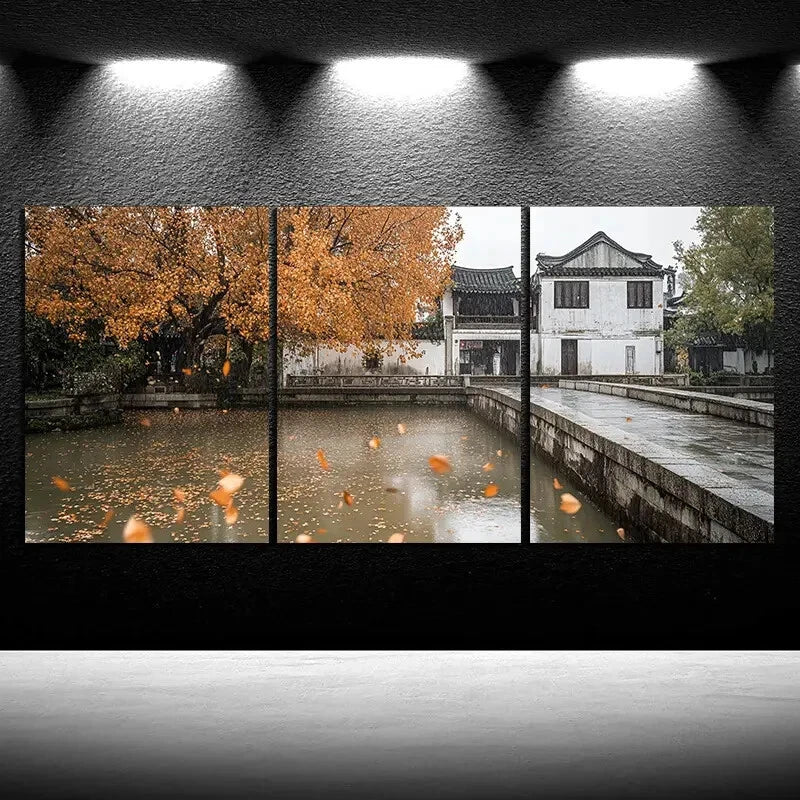 3pcs Vibrant Autumn Scene with Red Maple Leaves Metal Print Ready to Hang Art